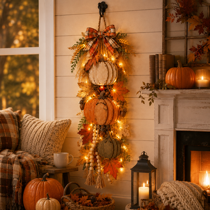 🏡🎃 Rustic Lighted Stacked Pumpkin Door Hanging – Warm Farmhouse Fall Decor