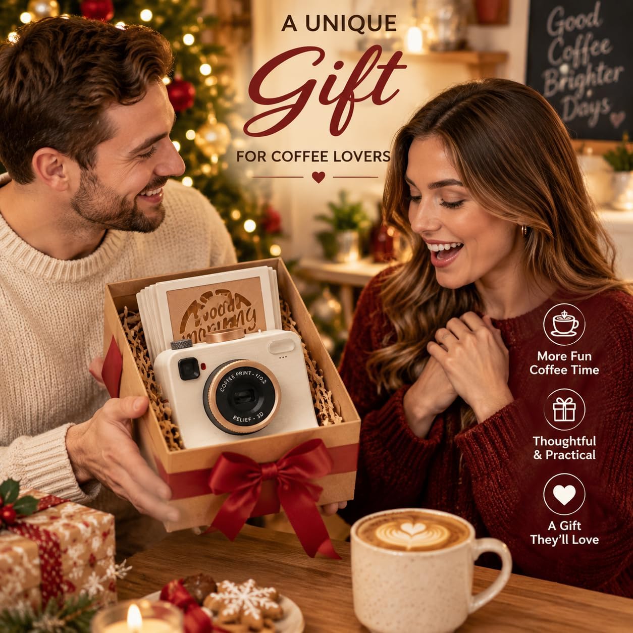 A couple exchanging a white retro camera-style latte art maker as a coffee-themed Christmas gift