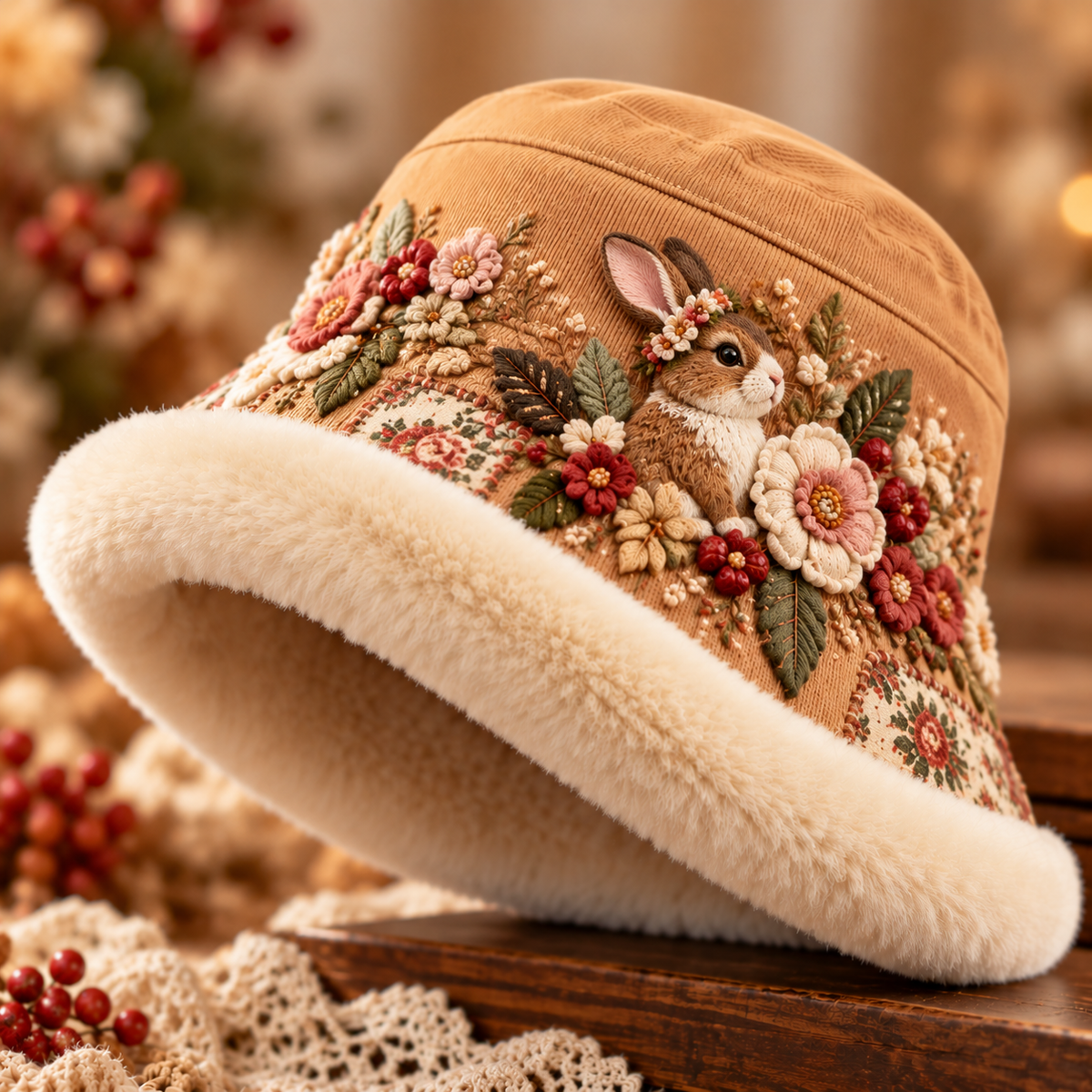 🌸 Winter Garden Embroidered Bucket Hat – Plush-Lined Floral Animal Hat