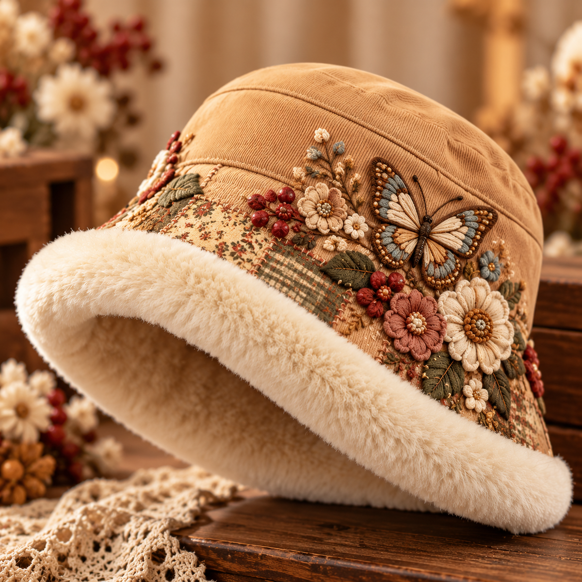 🌸 Winter Garden Embroidered Bucket Hat – Plush-Lined Floral Animal Hat