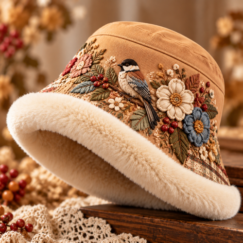🌸 Winter Garden Embroidered Bucket Hat – Plush-Lined Floral Animal Hat