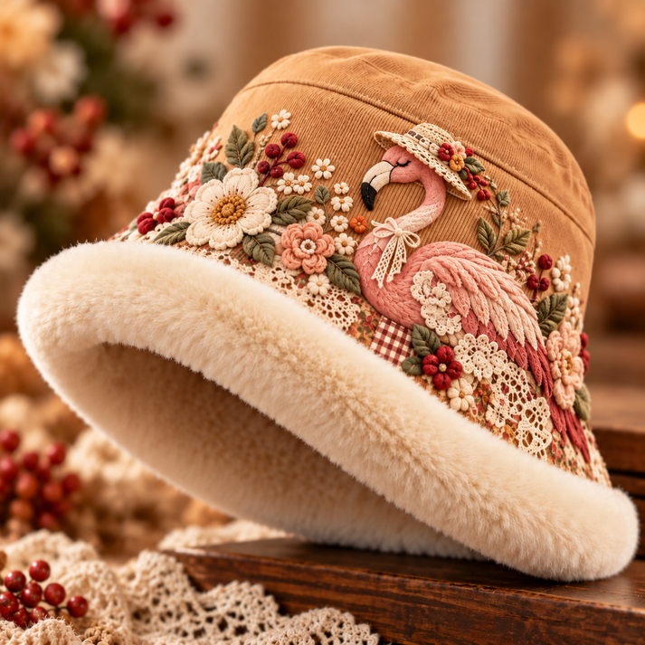 🌸 Winter Garden Embroidered Bucket Hat – Plush-Lined Floral Animal Hat