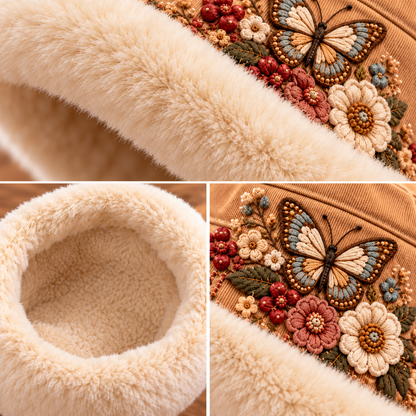🌸 Winter Garden Embroidered Bucket Hat – Plush-Lined Floral Animal Hat