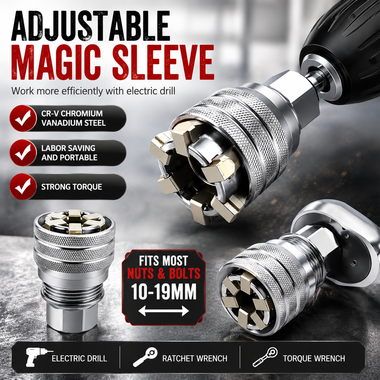 Adjustable Universal Socket Wrench – 10–19mm Multi-Function Grip Adapter