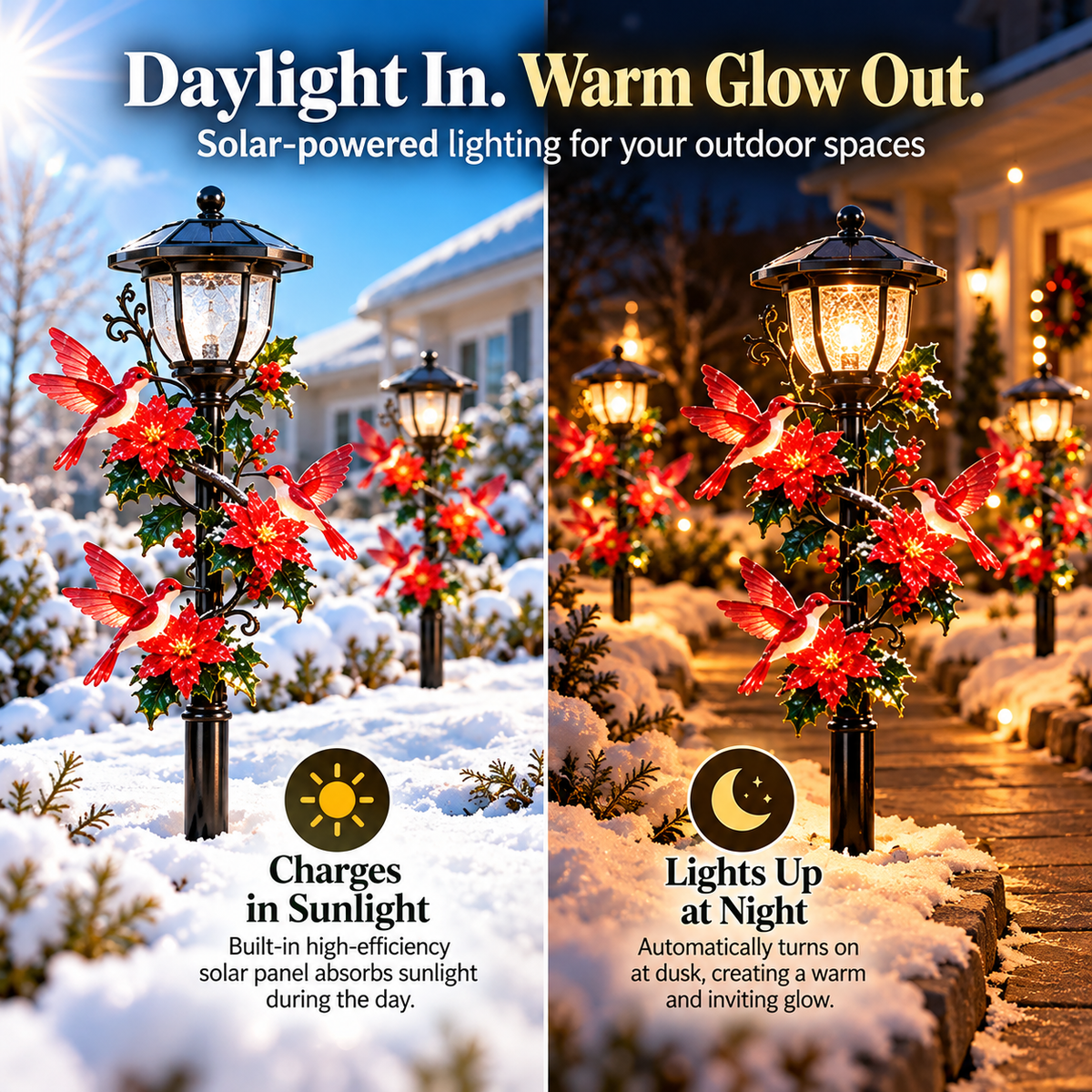 Solar Hummingbird Pathway Light – LED Christmas Garden Stake with Poinsettia Holiday Decor