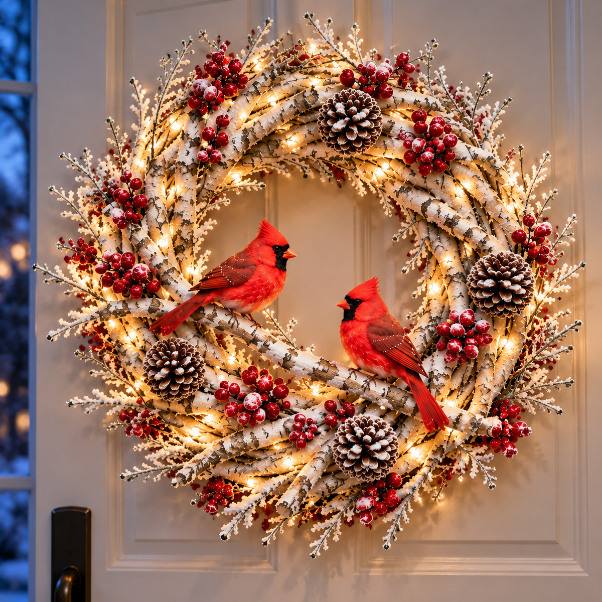🎄 Snowy Birch Cardinal Christmas Wreath – Light-Up Winter Woodland Decor