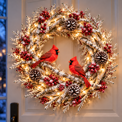 🎄 Snowy Birch Cardinal Christmas Wreath – Light-Up Winter Woodland Decor