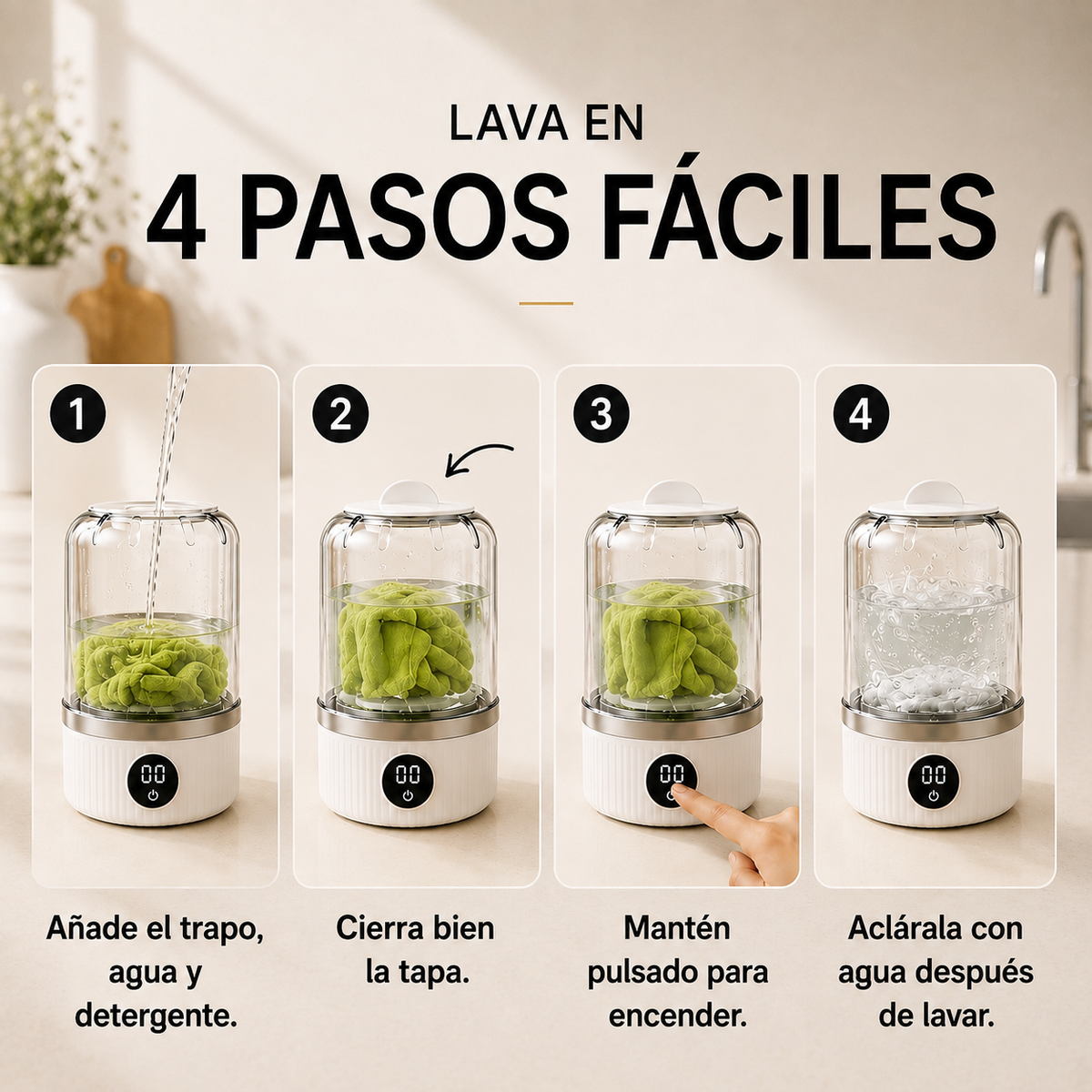 Original Bvuyomi LuneaClean four-step instruction graphic showing adding water and detergent, closing the lid, starting the washer and rinsing