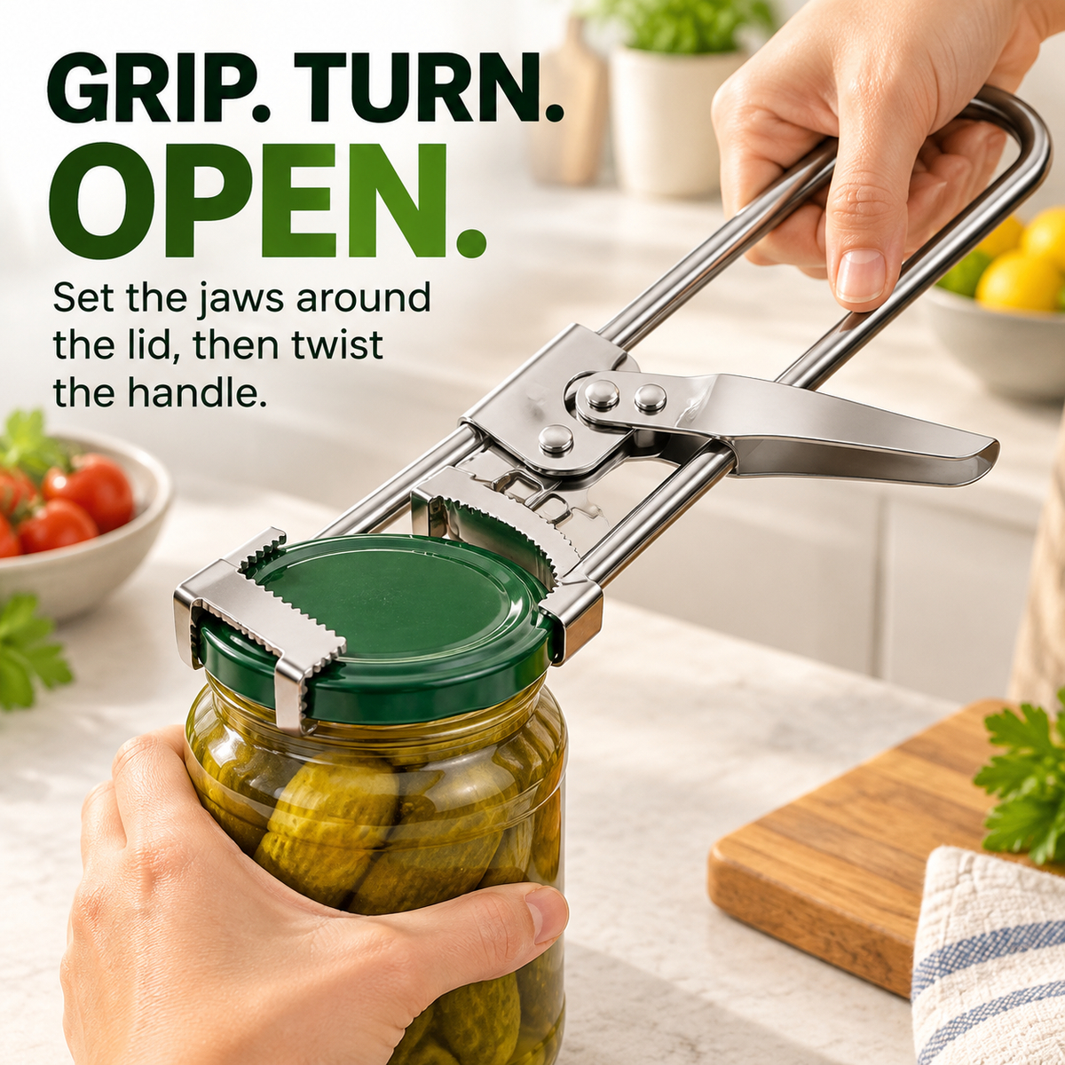 Hands using the extended handle of the adjustable stainless steel opener to turn a compatible jar lid