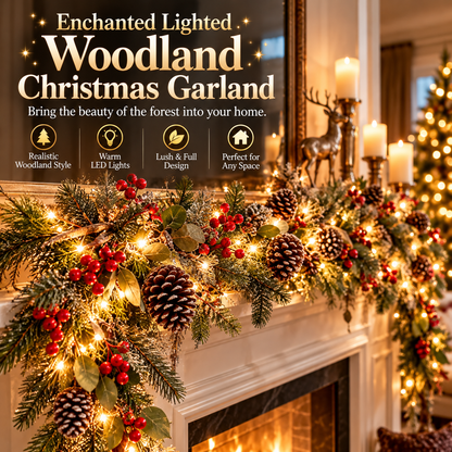 🎄✨ Enchanted Lighted Woodland Christmas Garland – Glowing Evergreen Trees, Woodland Deer & Rustic Star Décor 🦌