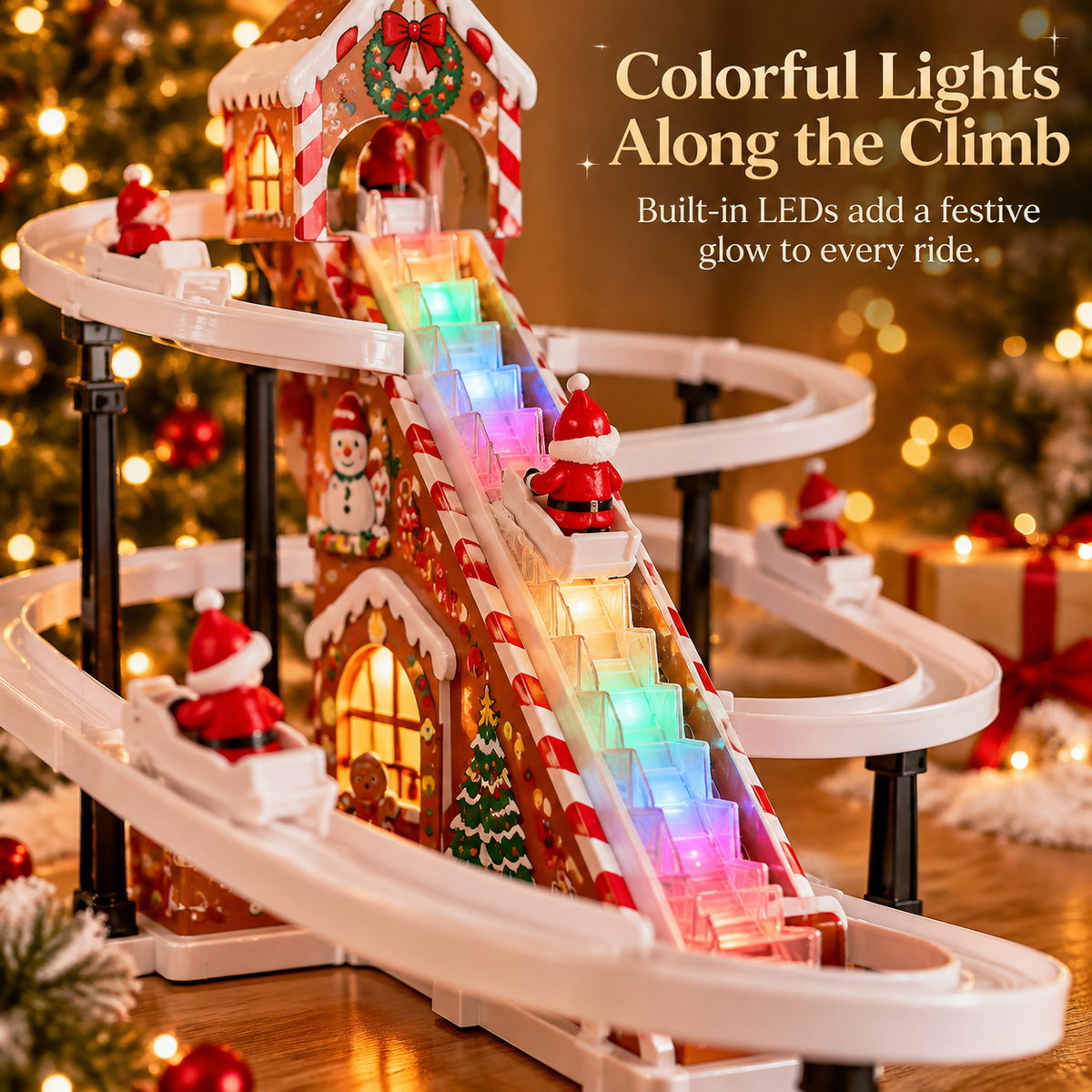 Close-up of the colorful LED-lit stairs and gingerbread house on the Santa climbing toy