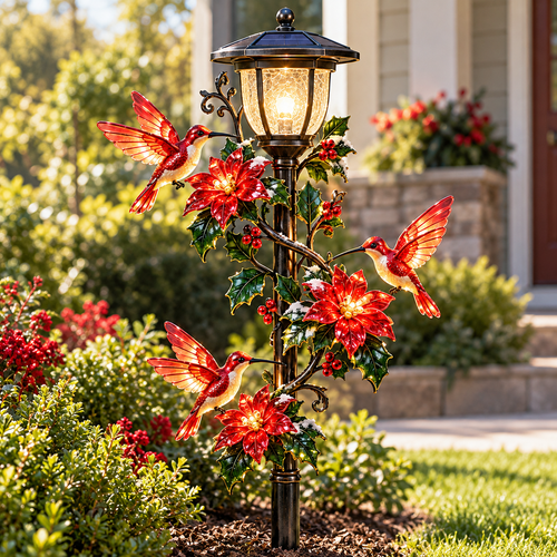 Solar Hummingbird Pathway Light – LED Christmas Garden Stake with Poinsettia Holiday Decor
