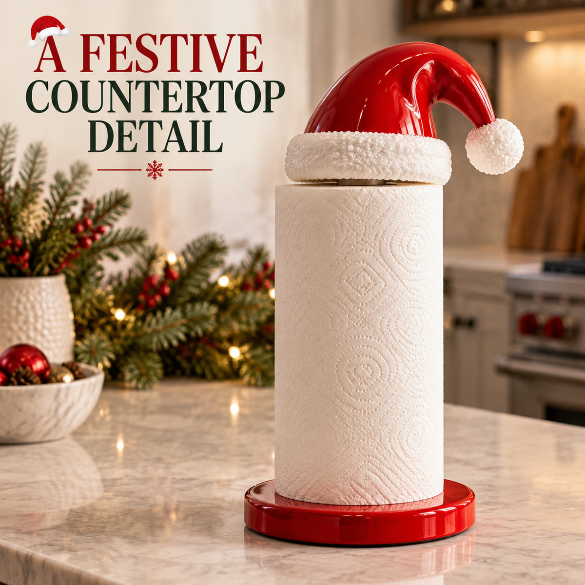 Santa hat paper towel holder styled on a bright marble countertop with Christmas greenery