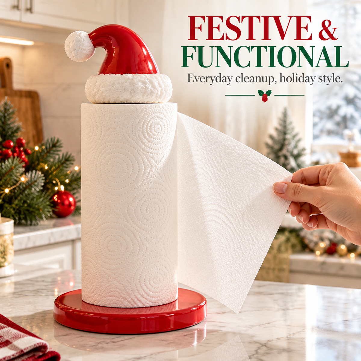 Hand pulling a paper towel from the Santa hat holiday paper towel holder