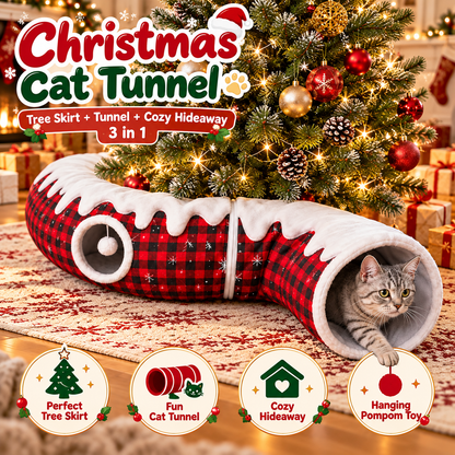 🎄🐾 Christmas Cat Tunnel & Tree Skirt – 3-in-1 Cozy Plaid Hideaway with Hanging Pom-Pom Toy ❄️