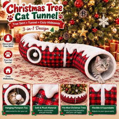 🎄🐾 Christmas Cat Tunnel & Tree Skirt – 3-in-1 Cozy Plaid Hideaway with Hanging Pom-Pom Toy ❄️