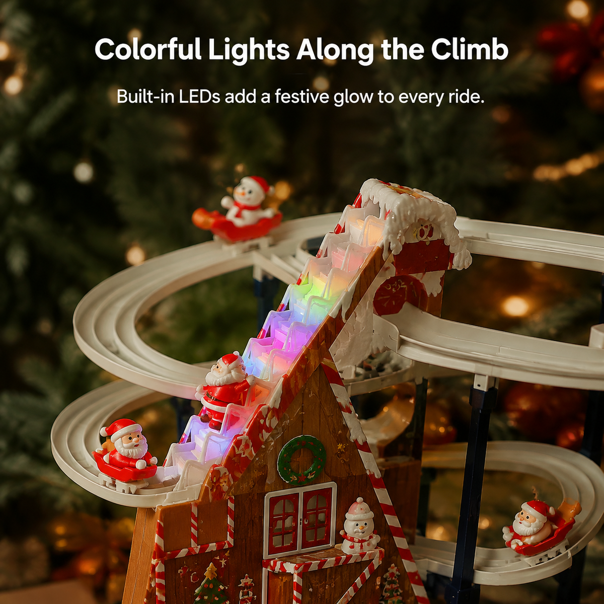 Gingerbread climbing toy with colorful illuminated stairs and Santa figures