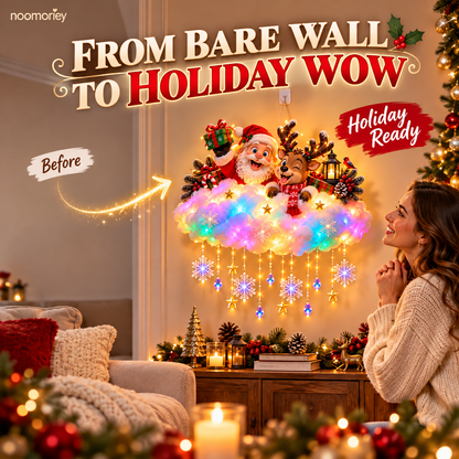 🎅 Santa & Reindeer Christmas Cloud Light – Colorful Glow with Hanging Stars & Snowflakes