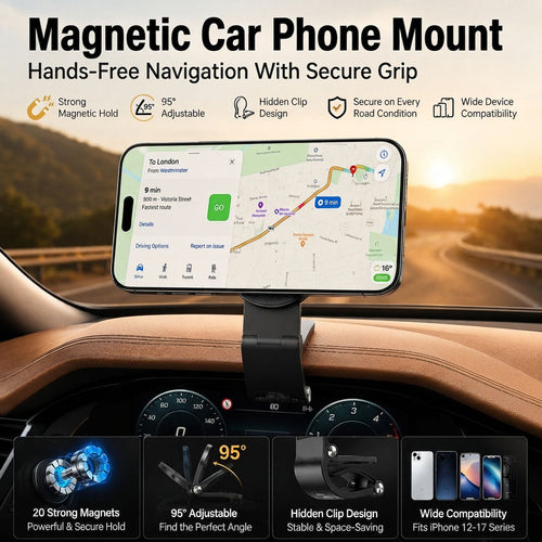 🧲 Magnetic Car Phone Mount – Hands-Free Clip, Fits All iPhones