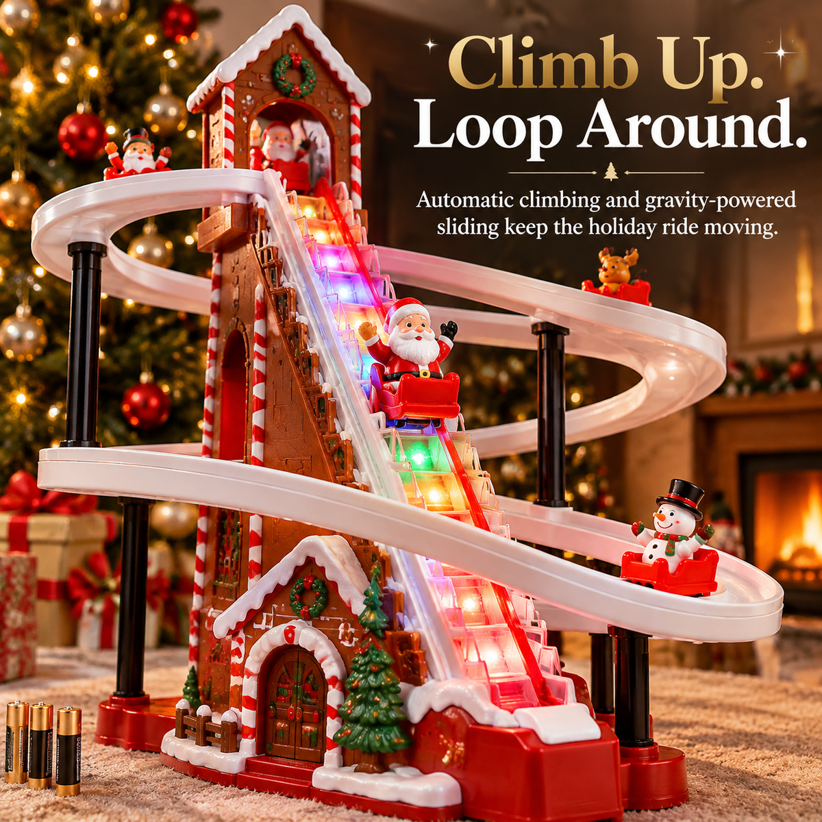 🎄✨ Santa Claus Gingerbread Climbing Toy Set – Colorful LED Lights, Music & Looping Christmas Track！！！ 🎅🎁