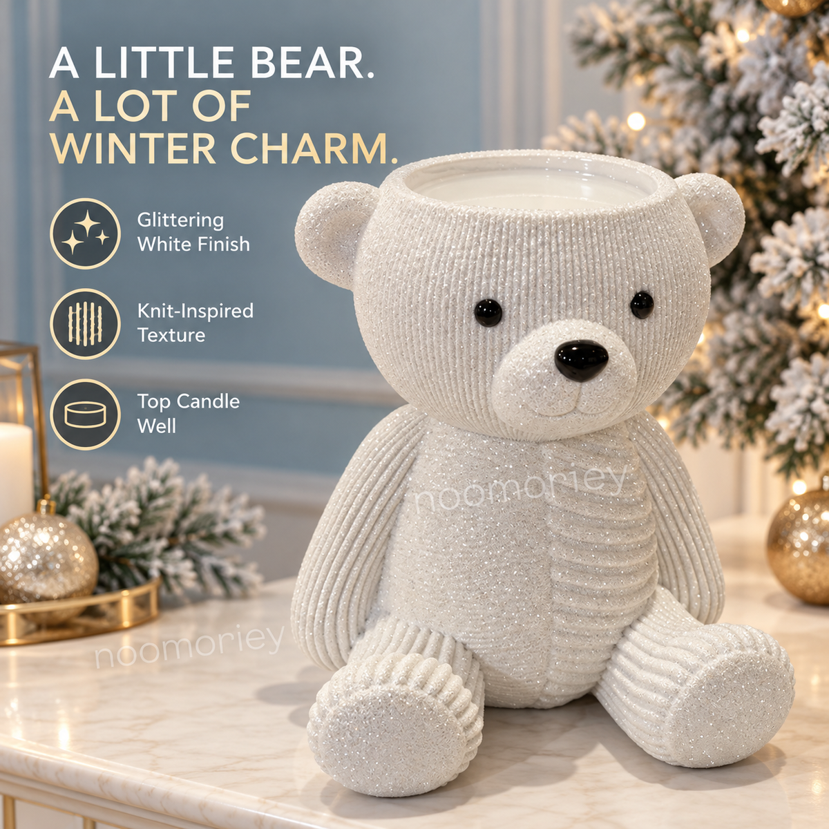 Glittery Teddy Bear Candle Holder, Cute Winter Christmas Decor