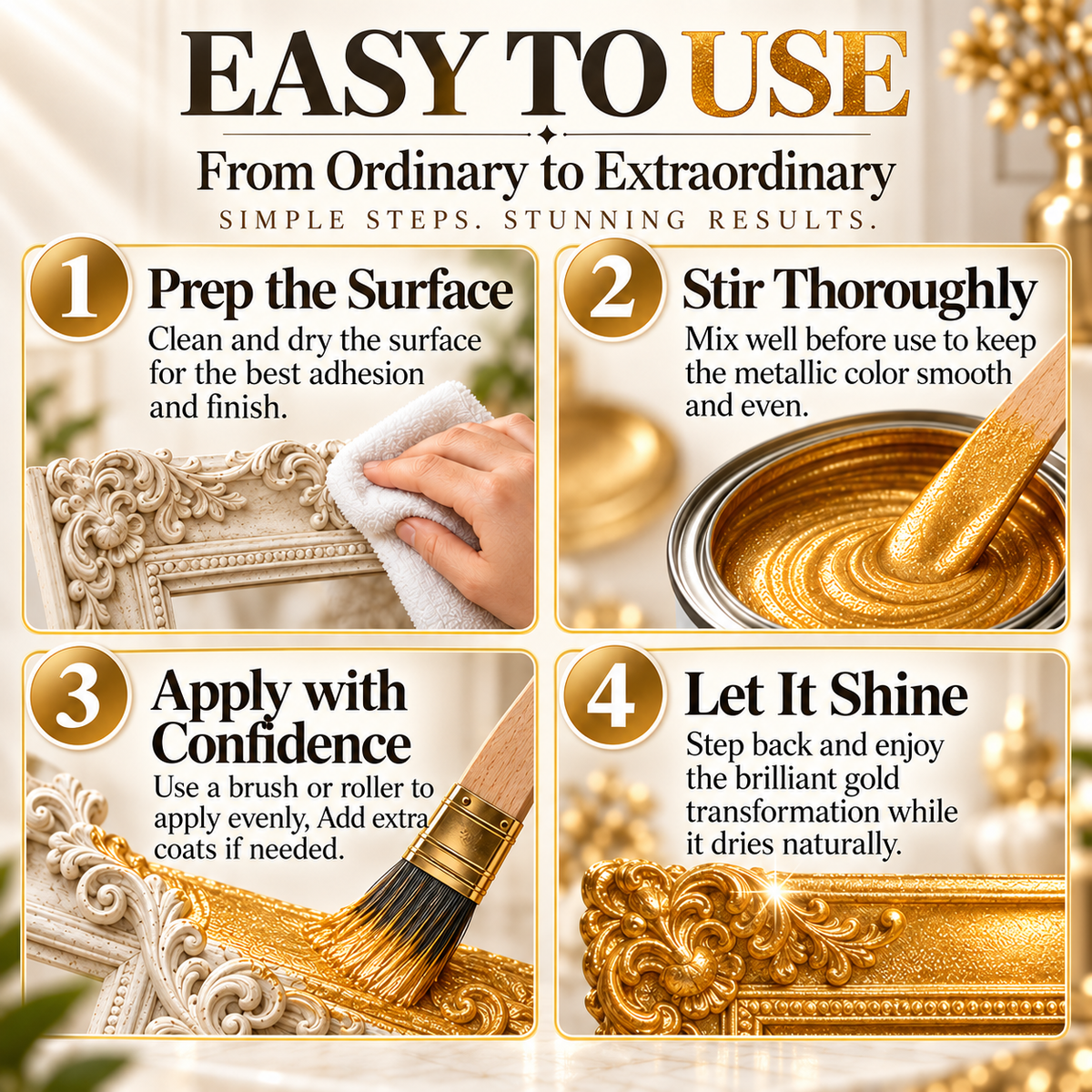 ✨ Metallic Gold Finish Paint – Rich Shimmer for Furniture, Décor & DIY Projects