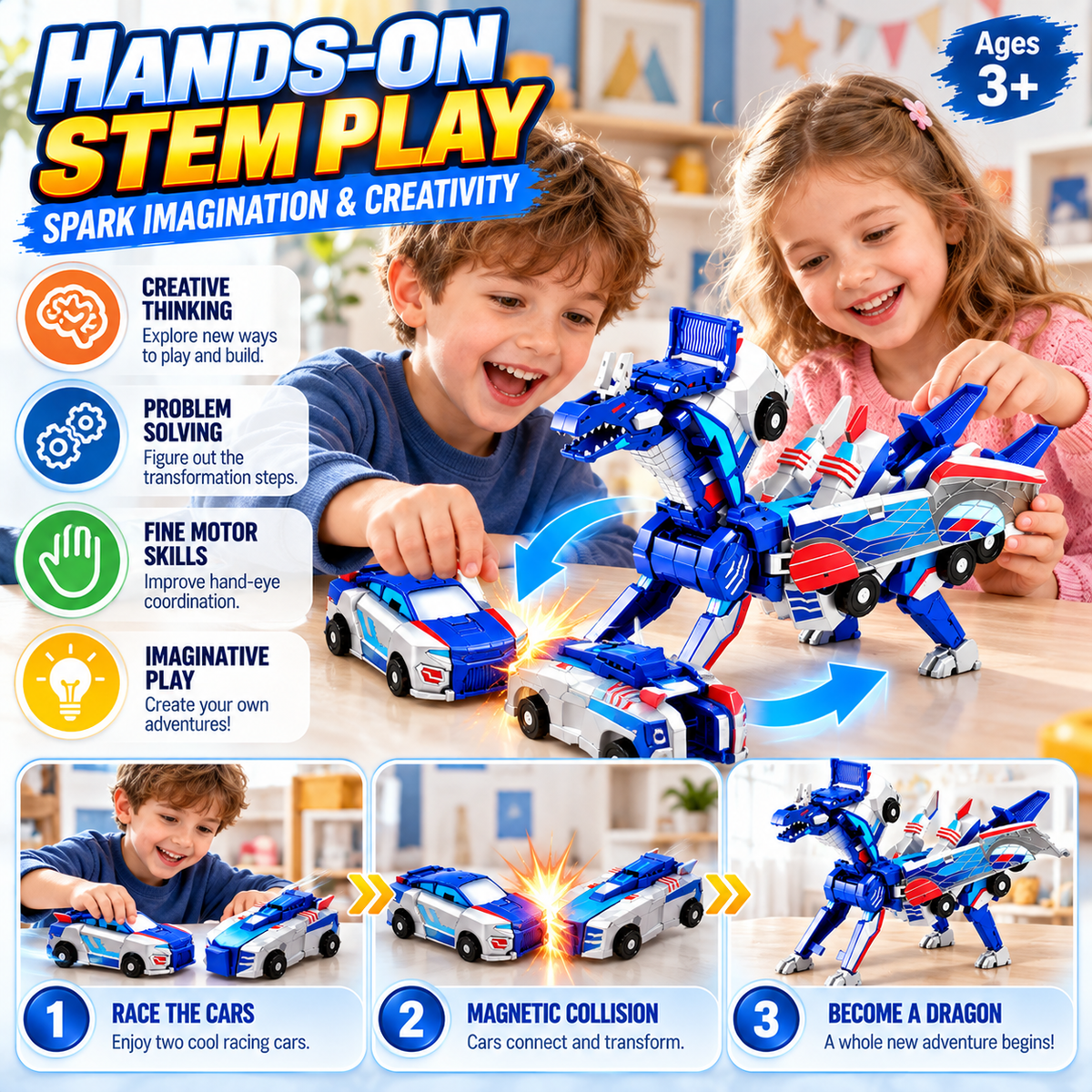 🚗2-in-1 Transforming Dragon Car Toy – Two Racing Cars Combine into a Mechanical Dragon