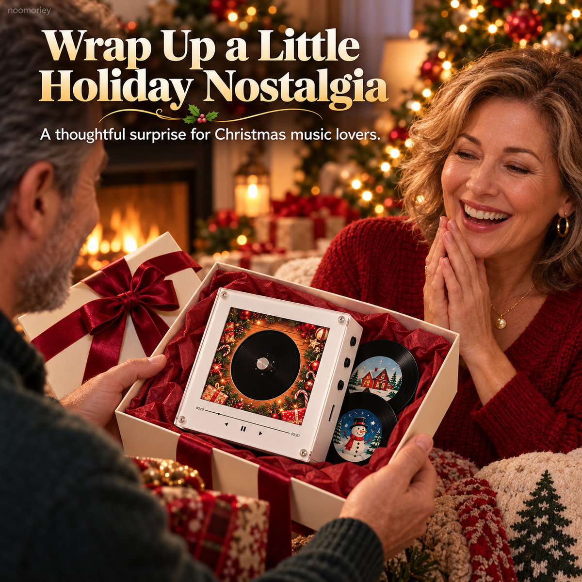 🎄🎵 Christmas Magnetic Music Player with 9 Mini Records – Retro Holiday Decor & Gift Set 🎁