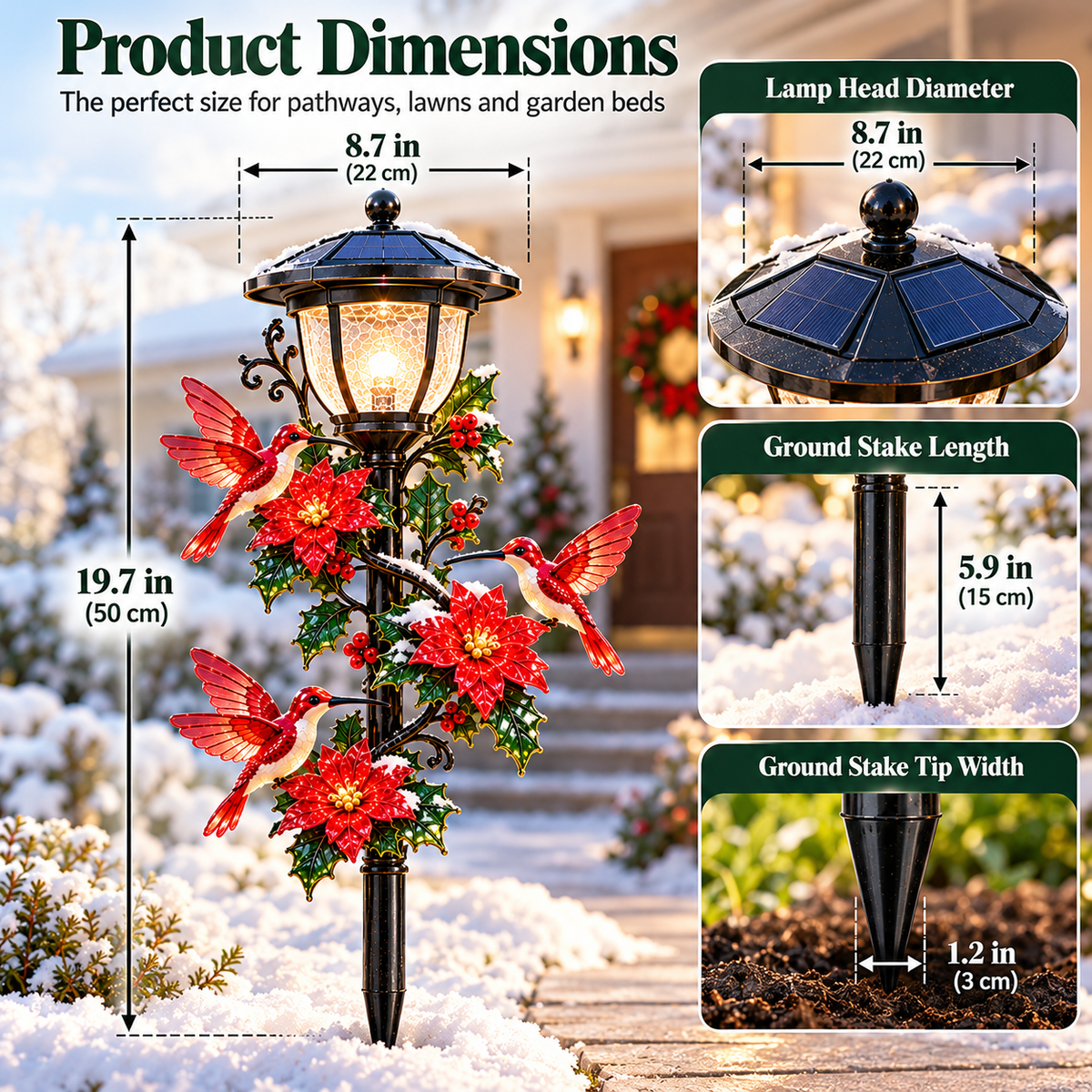 Solar Hummingbird Pathway Light – LED Christmas Garden Stake with Poinsettia Holiday Decor