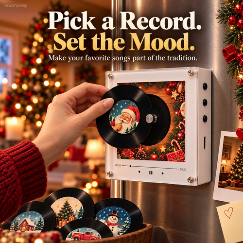 🎄🎵 Christmas Magnetic Music Player with 9 Mini Records – Retro Holiday Decor & Gift Set 🎁