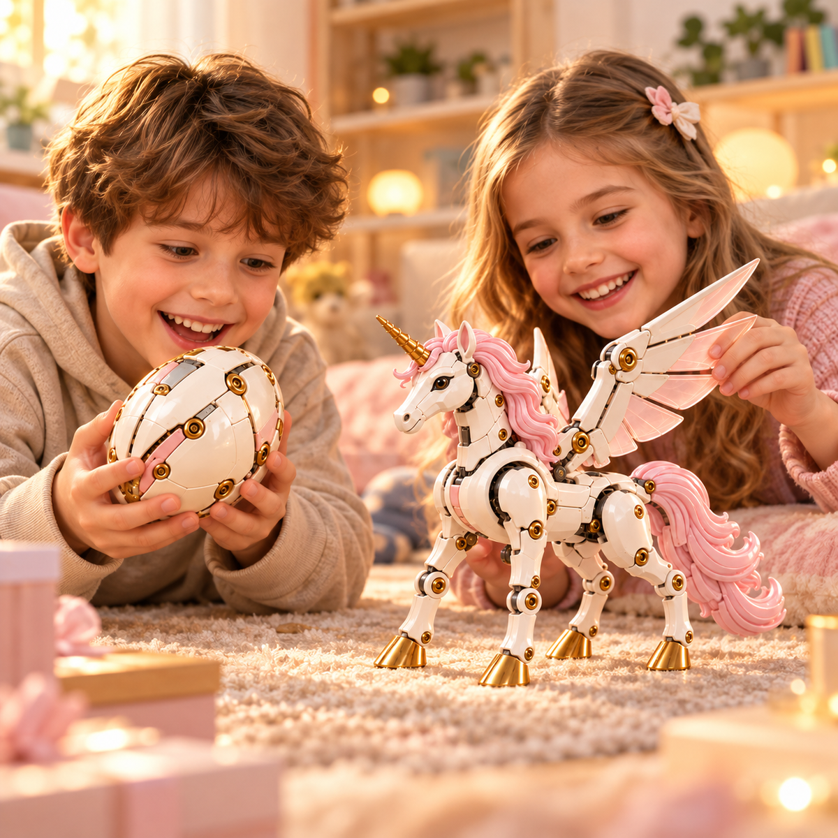Gift-inspired scene with a unicorn fan holding the mechanical egg beside the finished winged unicorn
