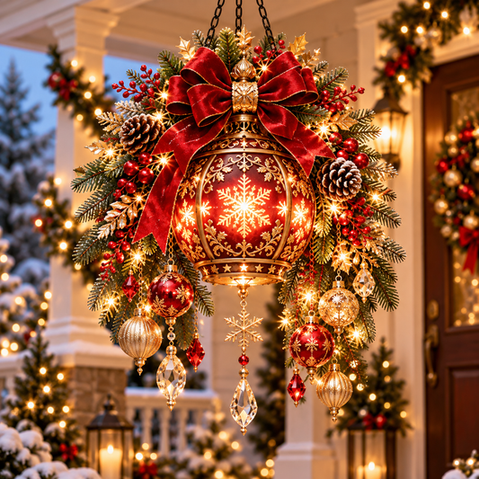 🎄 Light-Up Christmas Lantern Door Hanging | Red & Gold Holiday Décor