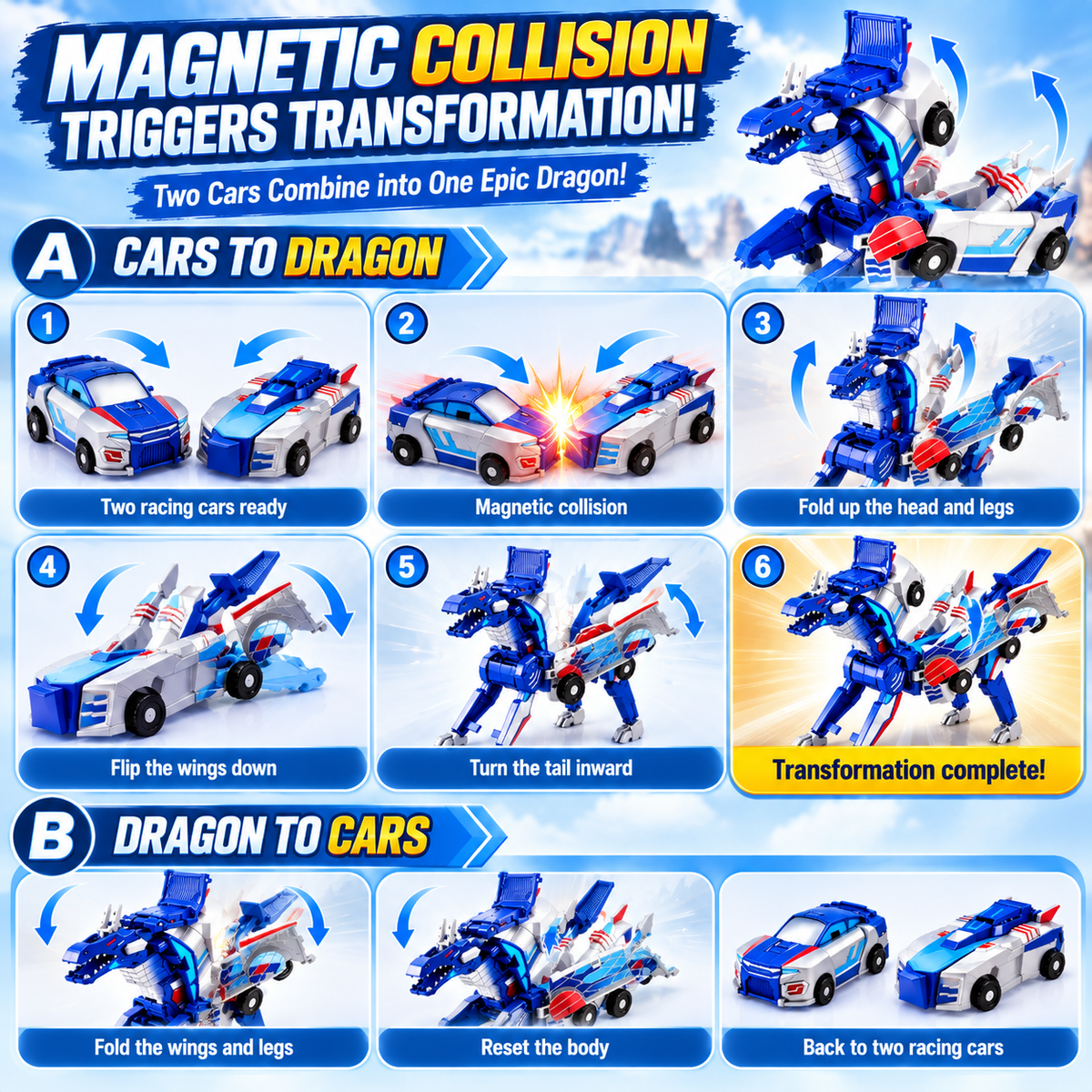 🚗2-in-1 Transforming Dragon Car Toy – Two Racing Cars Combine into a Mechanical Dragon