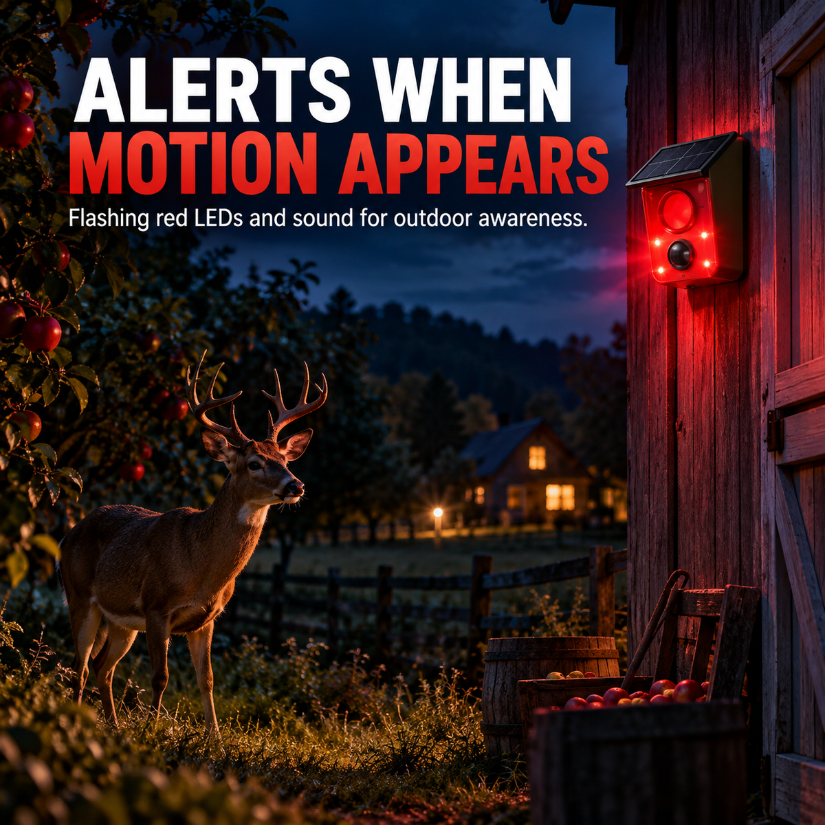 🚨☀️ Solar Outdoor Motion Sensor Alarm – 130dB Dog Barking & Warning Sounds, Red Flashing Lights, Remote Control & Wildlife Deterrent