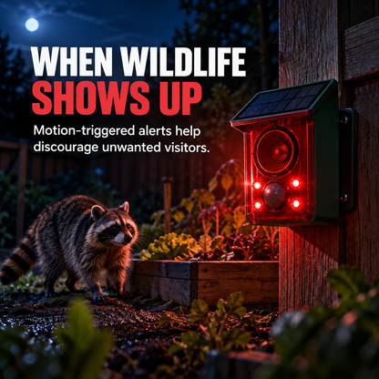 🚨☀️ Solar Outdoor Motion Sensor Alarm – 130dB Dog Barking & Warning Sounds, Red Flashing Lights, Remote Control & Wildlife Deterrent