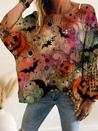 🎃 Halloween Open-Knit Pumpkin Sweater – Cozy Spooky Season Style