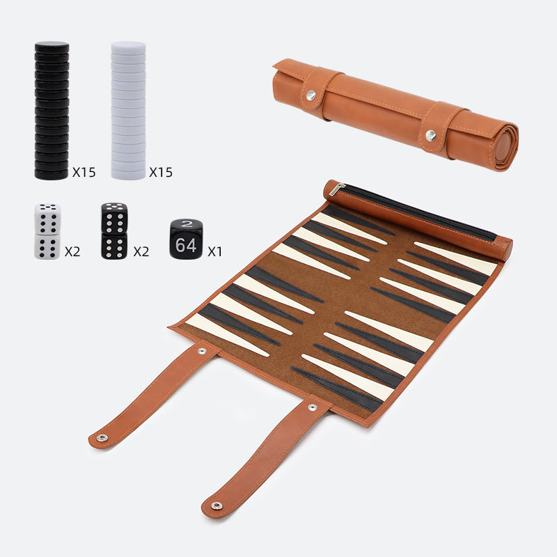 Portable Roll-Up Backgammon Set – Classic Tan Travel Game for Two