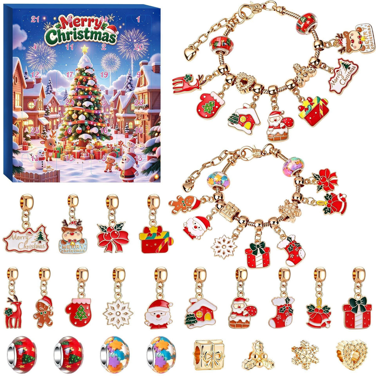 Golden Christmas charm bracelet Advent calendar with red green and gold charms