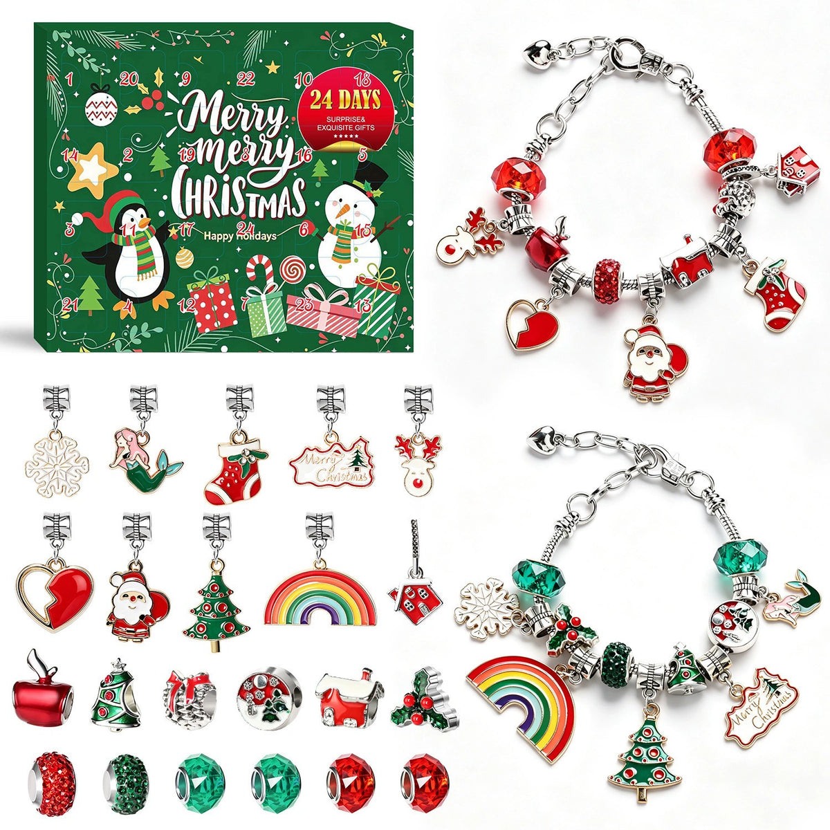 Green Christmas DIY charm bracelet Advent calendar with red green charms