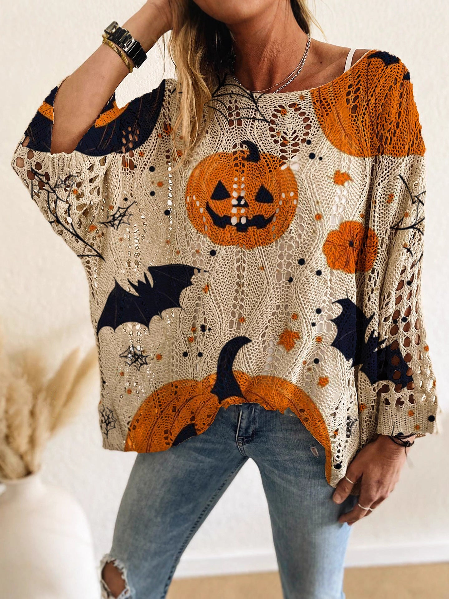 🎃 Halloween Open-Knit Pumpkin Sweater – Cozy Spooky Season Style