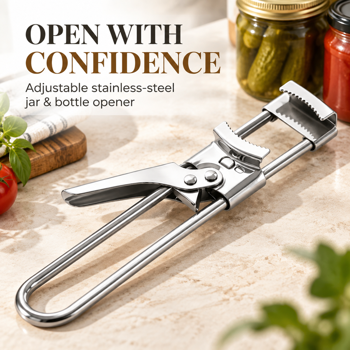 Adjustable stainless steel jar and bottle opener with a long handle and serrated gripping jaws