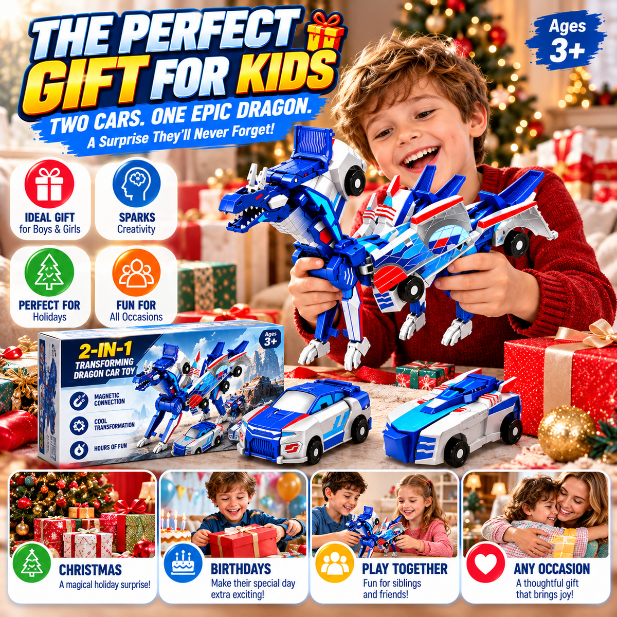 🚗2-in-1 Transforming Dragon Car Toy – Two Racing Cars Combine into a Mechanical Dragon