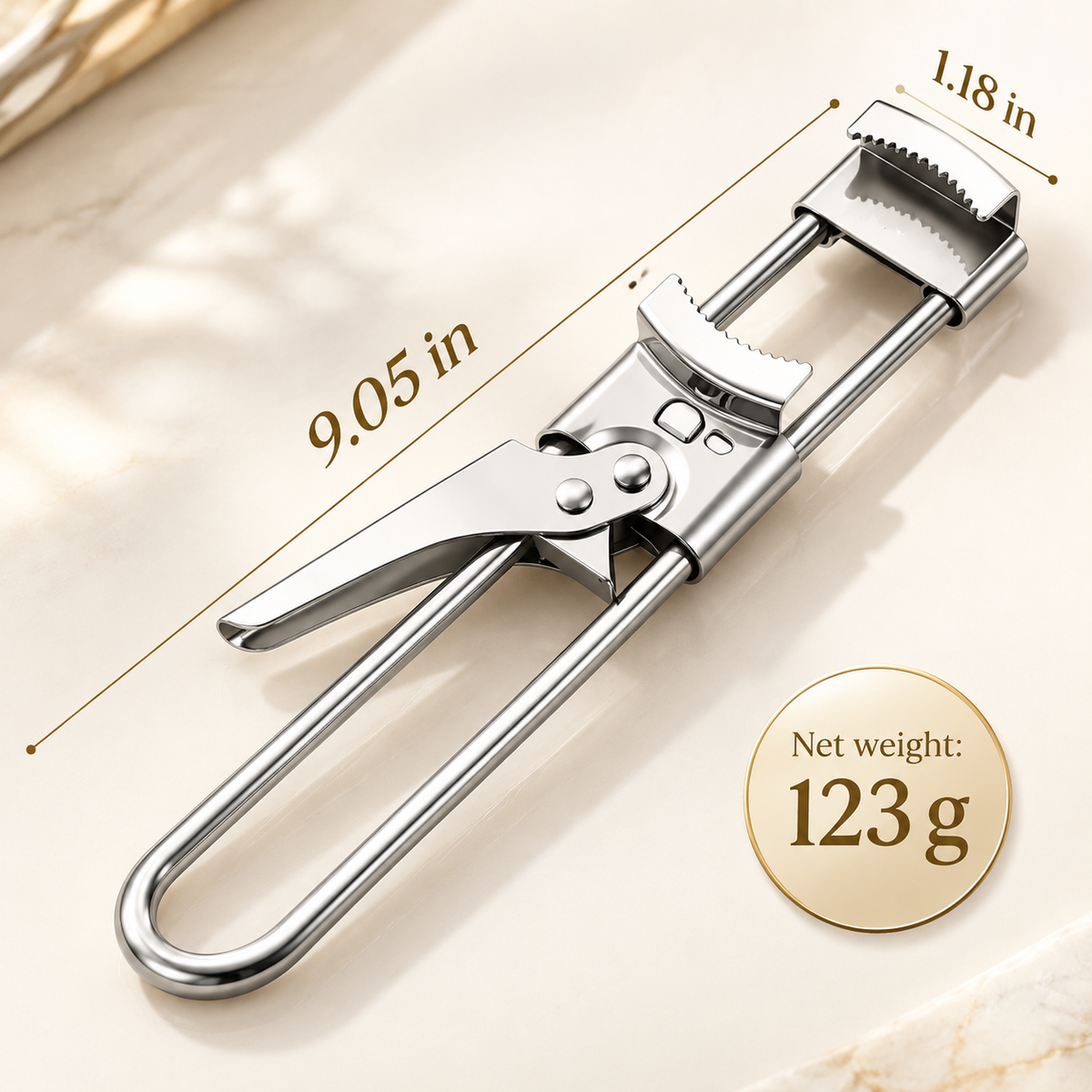 Stainless steel adjustable jar opener dimension diagram showing 9.05 inch overall length, 1.18 inch jaw width and 123 gram net weight