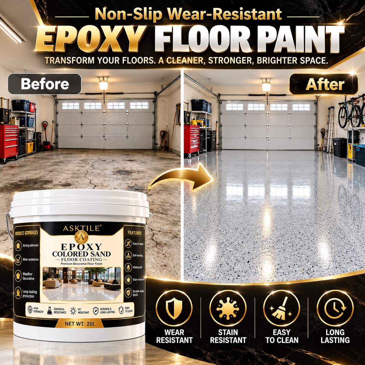 ✨ High-Gloss Marble-LookEpoxy Self-Leveling Floor Coating– Transform Garages, Basements, Courtyard & Workshops