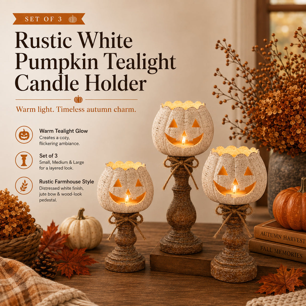 🍂 Rustic Pumpkin & Ghost Tealight Holders – Cozy Fall Candle Decor