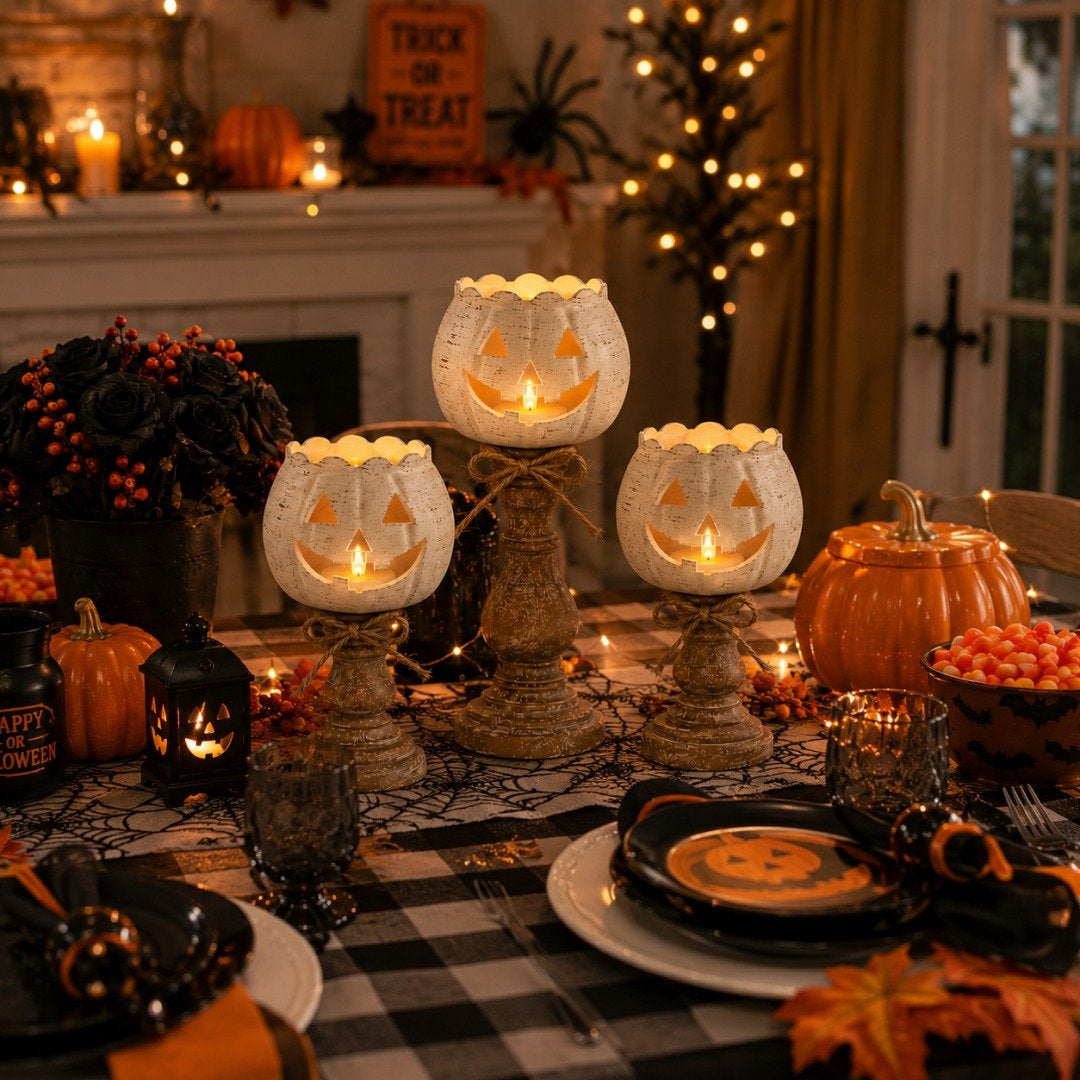 🍂 Rustic Pumpkin & Ghost Tealight Holders – Cozy Fall Candle Decor