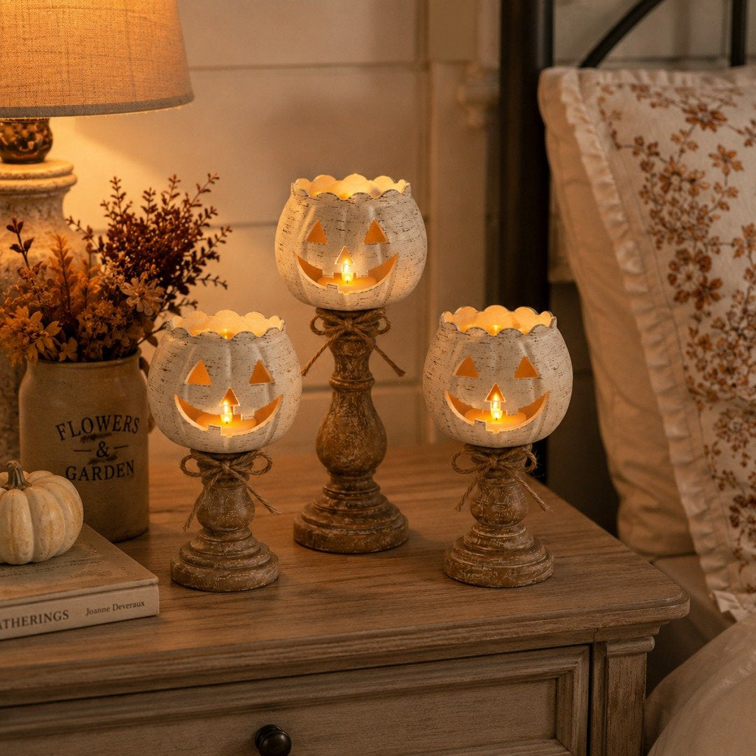 🍂 Rustic Pumpkin & Ghost Tealight Holders – Cozy Fall Candle Decor