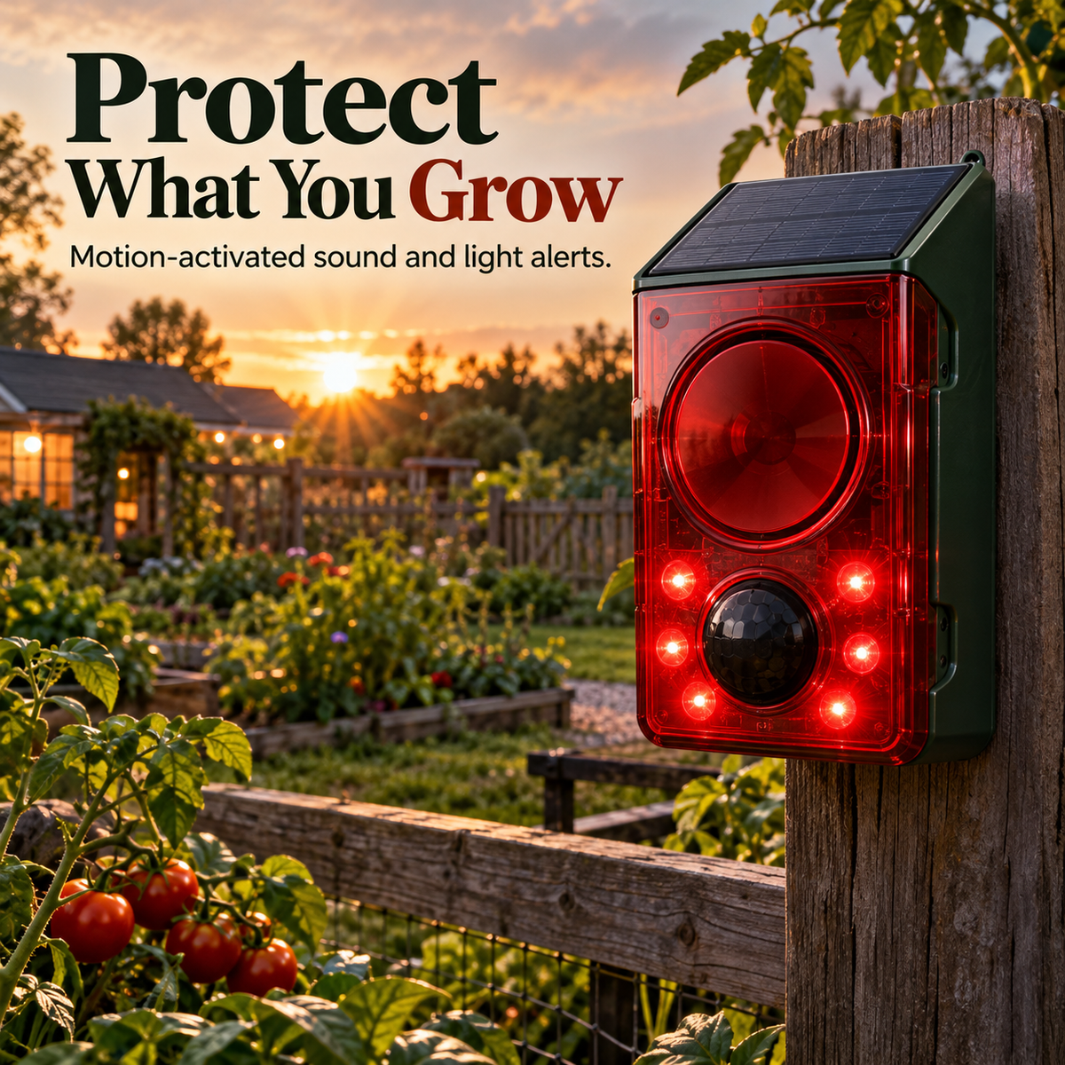 🚨☀️ Solar Outdoor Motion Sensor Alarm – 130dB Dog Barking & Warning Sounds, Red Flashing Lights, Remote Control & Wildlife Deterrent