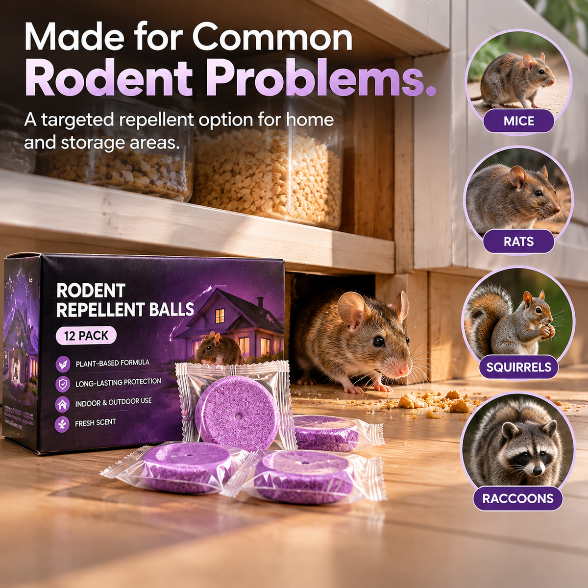 Rodent repellent discs displayed beside pantry storage