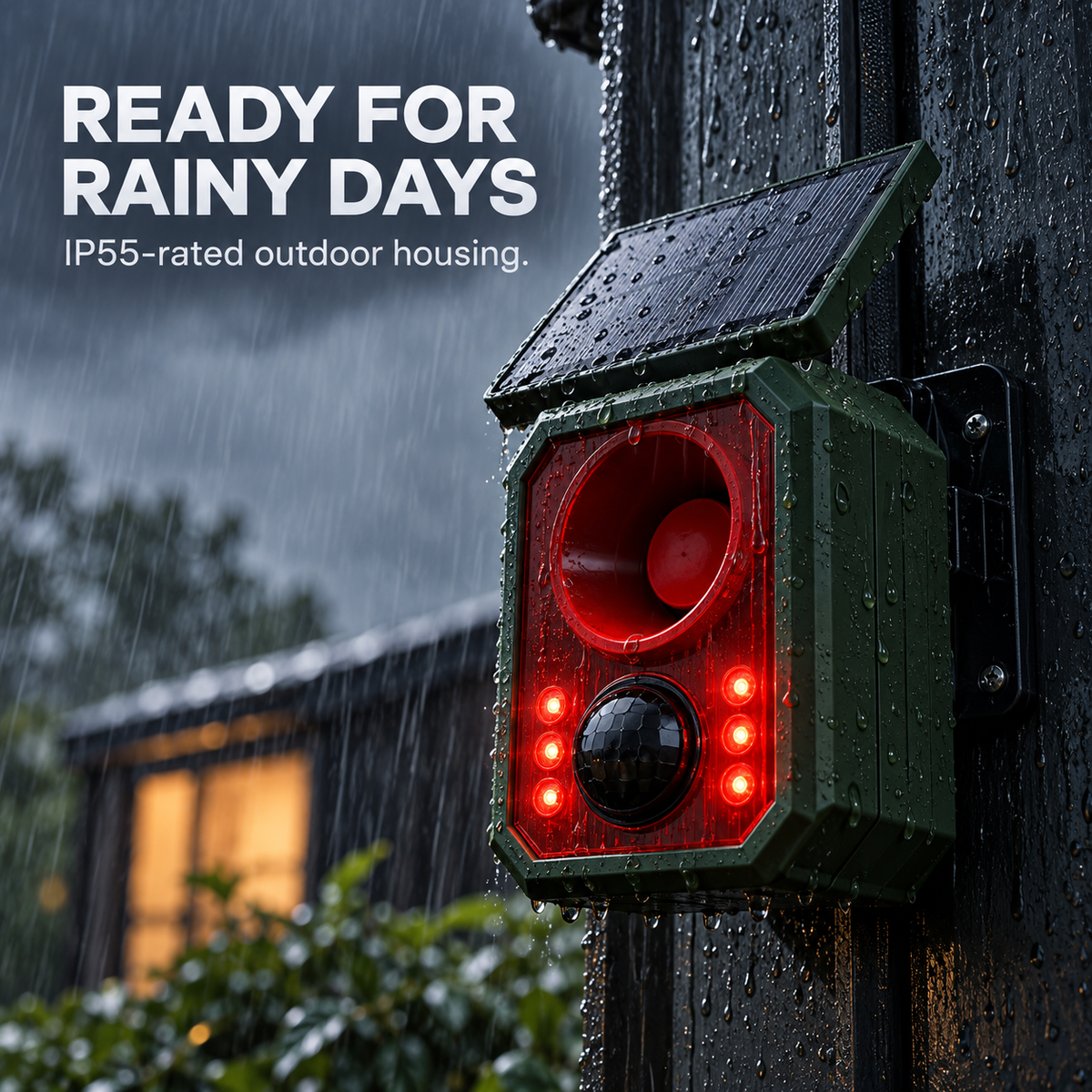 🚨☀️ Solar Outdoor Motion Sensor Alarm – 130dB Dog Barking & Warning Sounds, Red Flashing Lights, Remote Control & Wildlife Deterrent